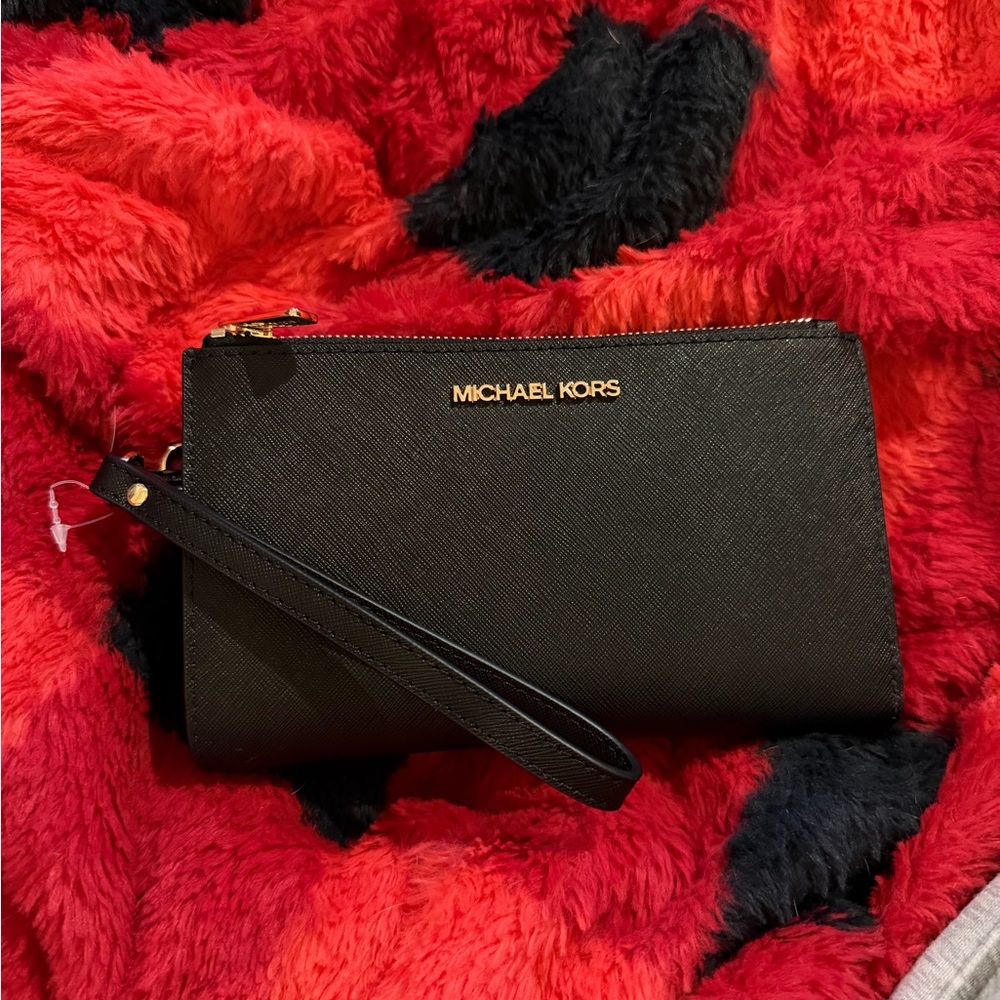 New Michael Kors Black Leather phone Wristlet with Gold Logo
